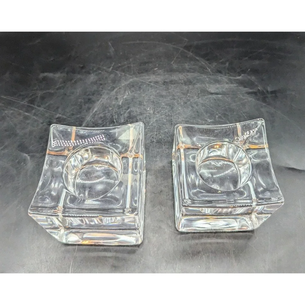 Set of 2 Orrefors Crystal Polaris Clear Votive Candle Holders Square Ice‎